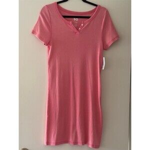 SO T-Shirt Dress Womens XL Pink Ribbed Knit Henley Knee Length Stretch